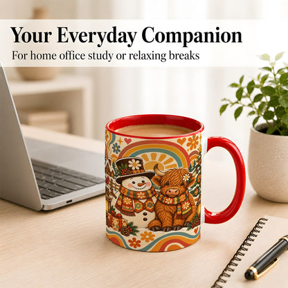 #pl[11oz|Red] Retro Cow Snowman Coffee Mug, Boho Winter Mug, Ceramic Cup