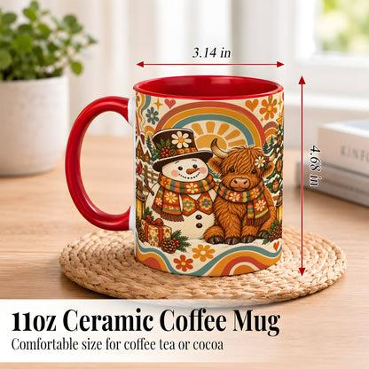 #pl[11oz|Red] Retro Cow Snowman Coffee Mug, Boho Winter Mug, Ceramic Cup
