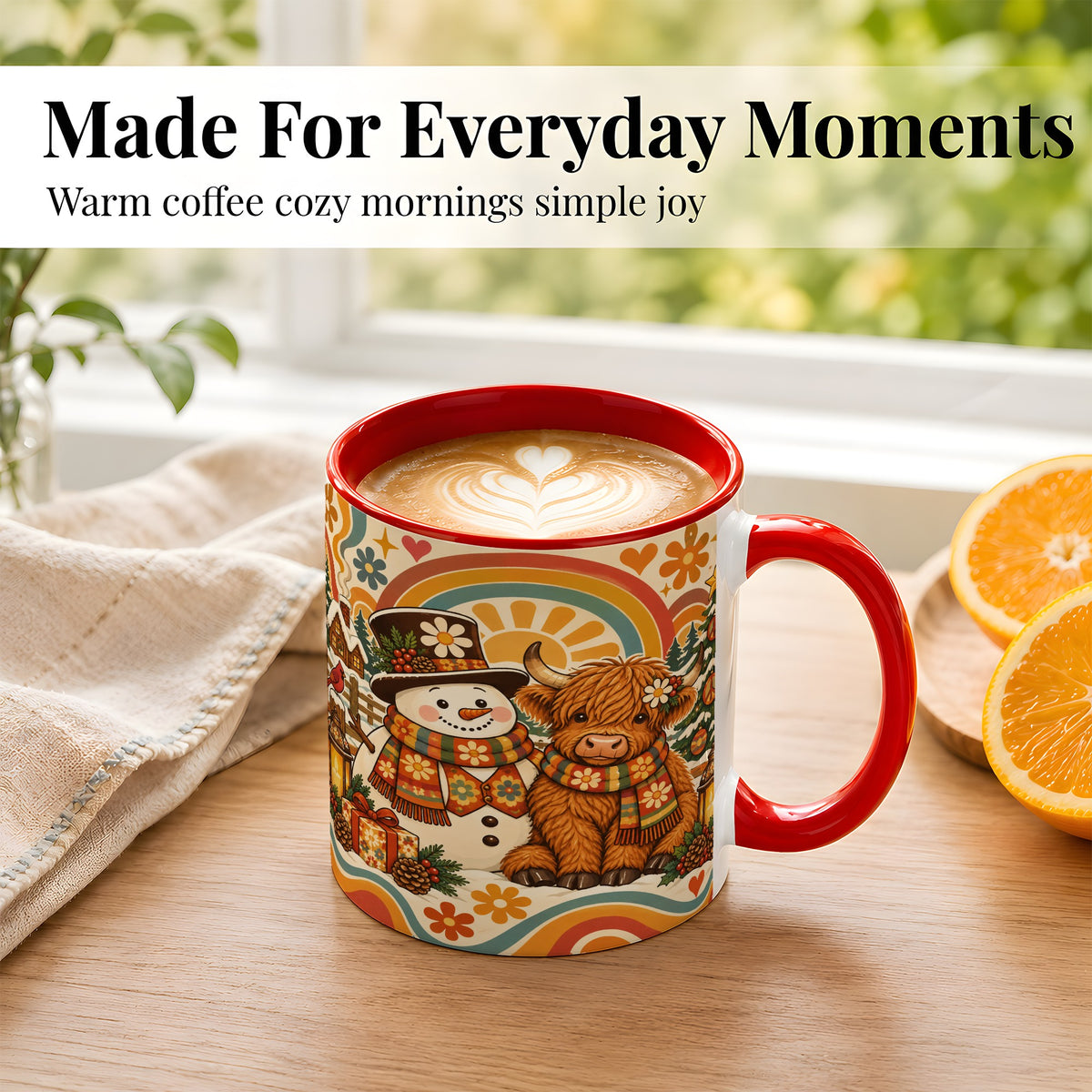 #pl[11oz|Red] Retro Cow Snowman Coffee Mug, Boho Winter Mug, Ceramic Cup
