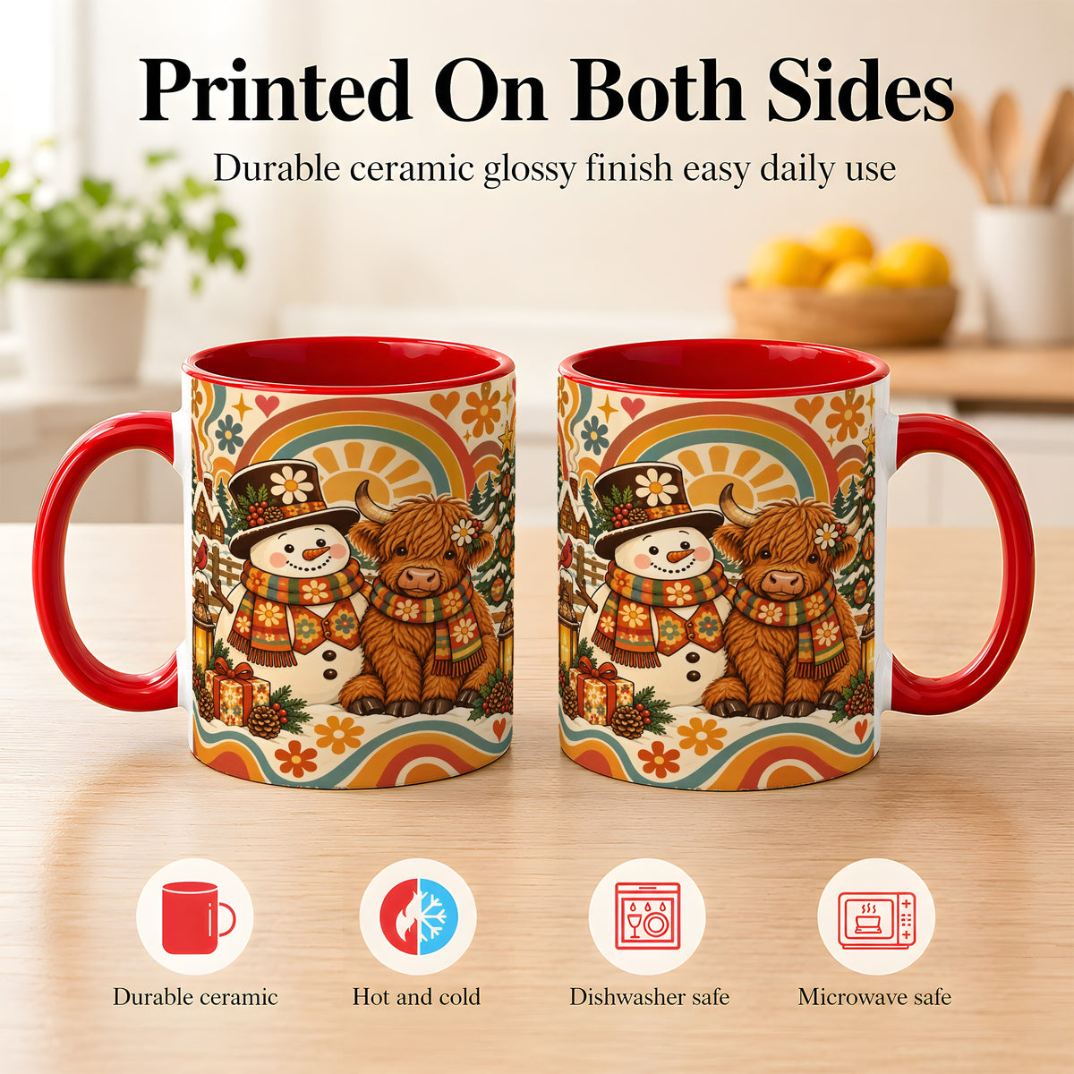 #pl[11oz|Red] Retro Cow Snowman Coffee Mug, Boho Winter Mug, Ceramic Cup