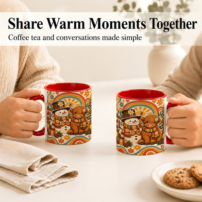 #pl[11oz|Red] Retro Cow Snowman Coffee Mug, Boho Winter Mug, Ceramic Cup