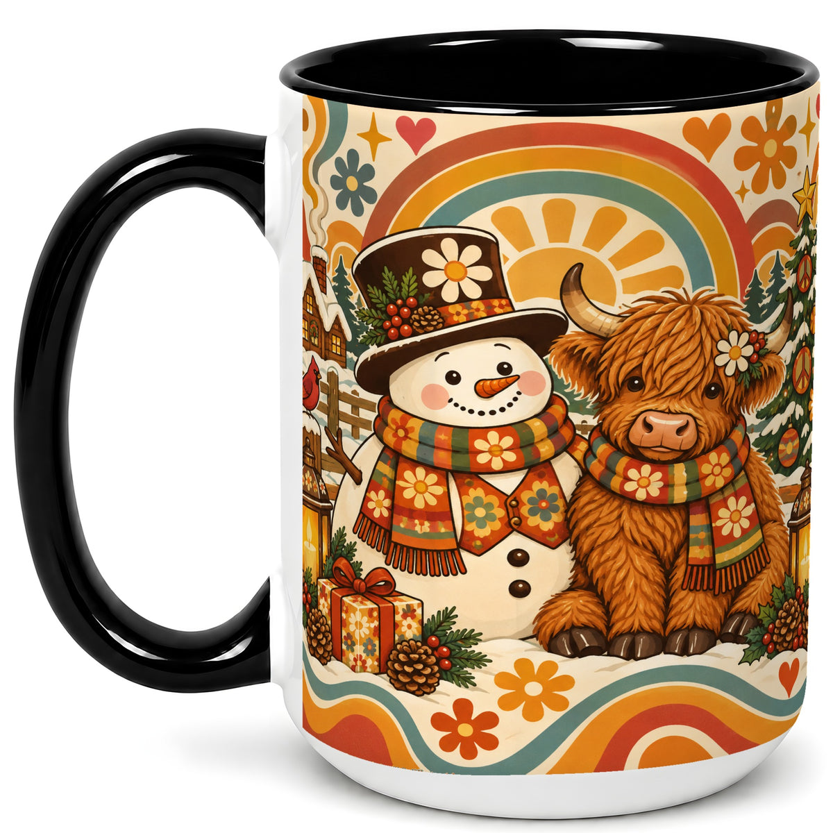 #pl[15oz|Black] Retro Cow Snowman Coffee Mug, Boho Winter Mug, Ceramic Cup