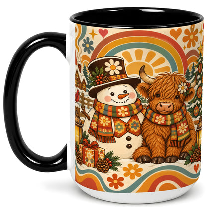 #pl[15oz|Black] Retro Cow Snowman Coffee Mug, Boho Winter Mug, Ceramic Cup