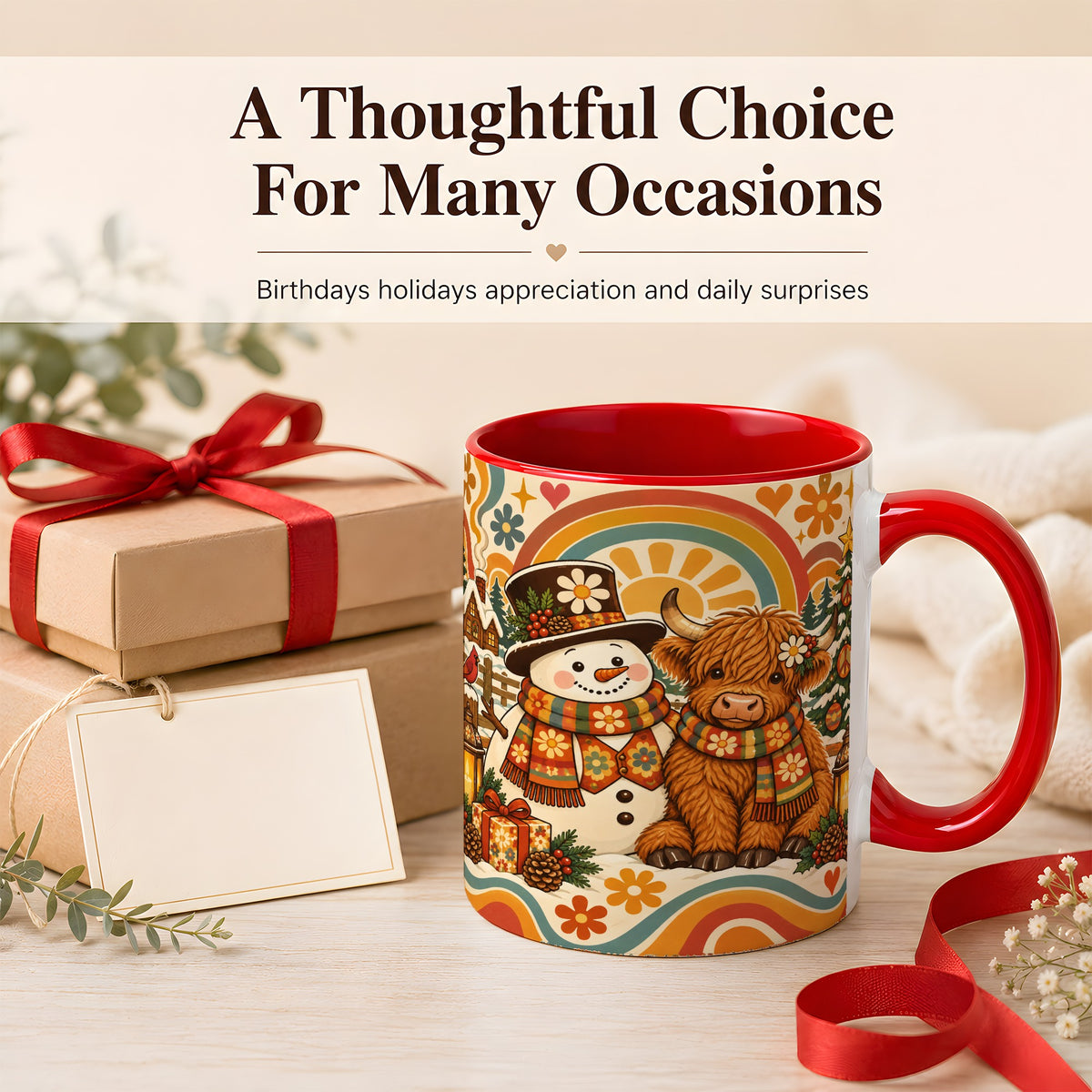 #pl[11oz|Red] Retro Cow Snowman Coffee Mug, Boho Winter Mug, Ceramic Cup