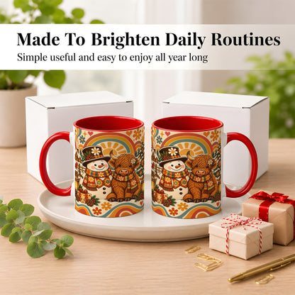 #pl[11oz|Red] Retro Cow Snowman Coffee Mug, Boho Winter Mug, Ceramic Cup