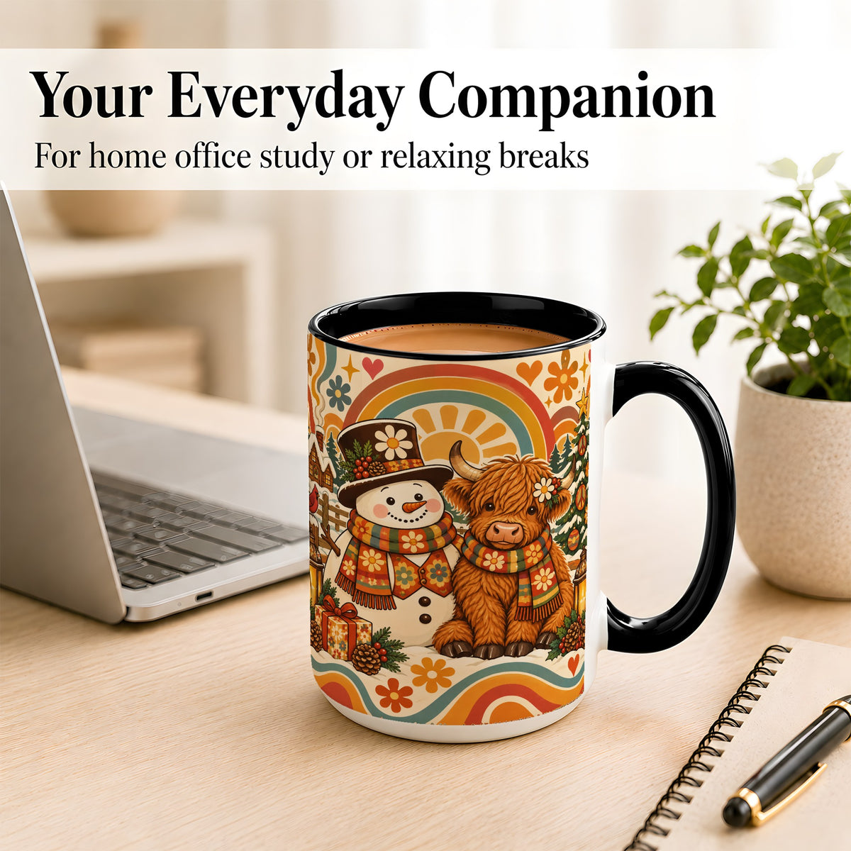 #pl[15oz|Black] Retro Cow Snowman Coffee Mug, Boho Winter Mug, Ceramic Cup