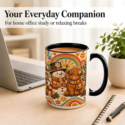 #pl[15oz|Black] Retro Cow Snowman Coffee Mug, Boho Winter Mug, Ceramic Cup