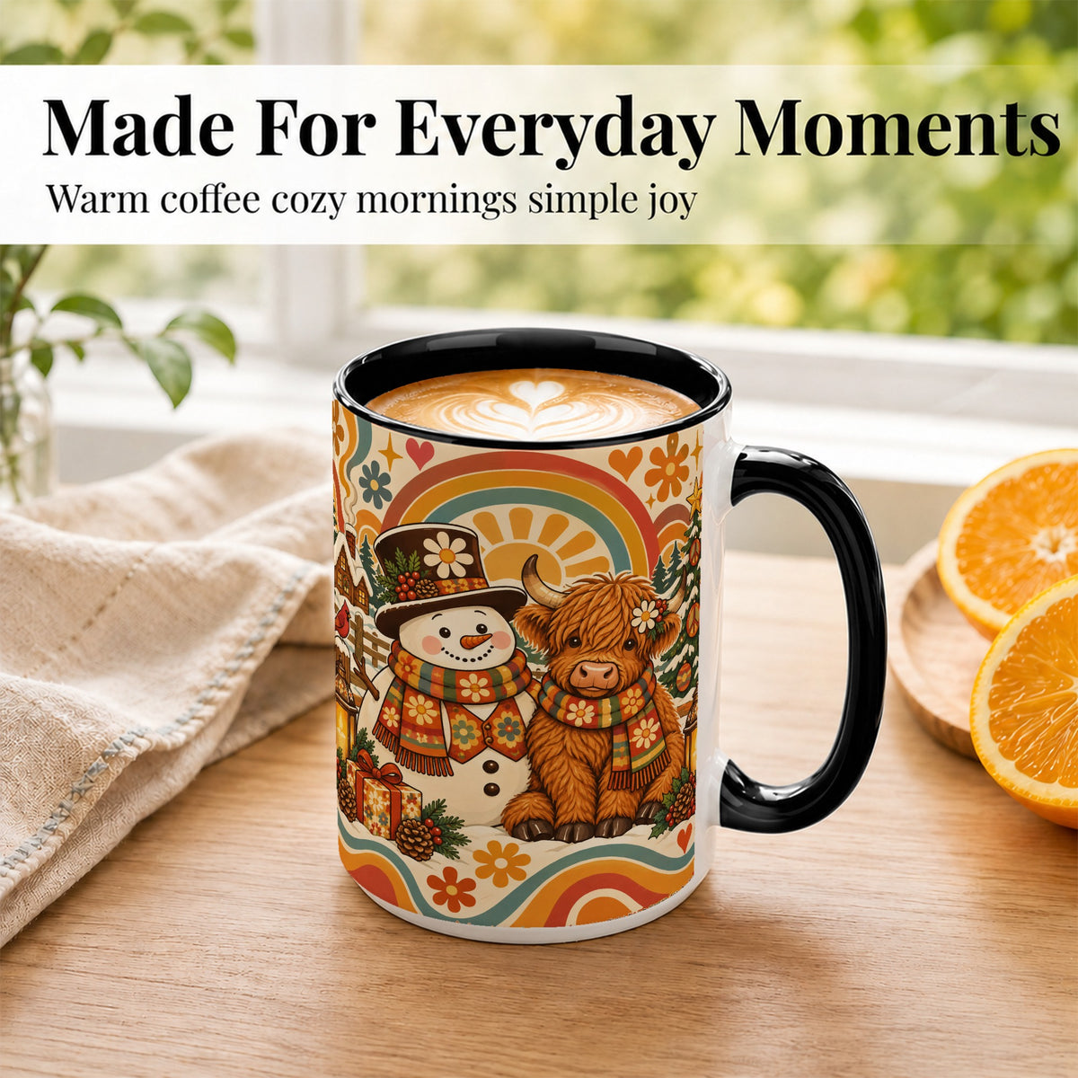 #pl[15oz|Black] Retro Cow Snowman Coffee Mug, Boho Winter Mug, Ceramic Cup