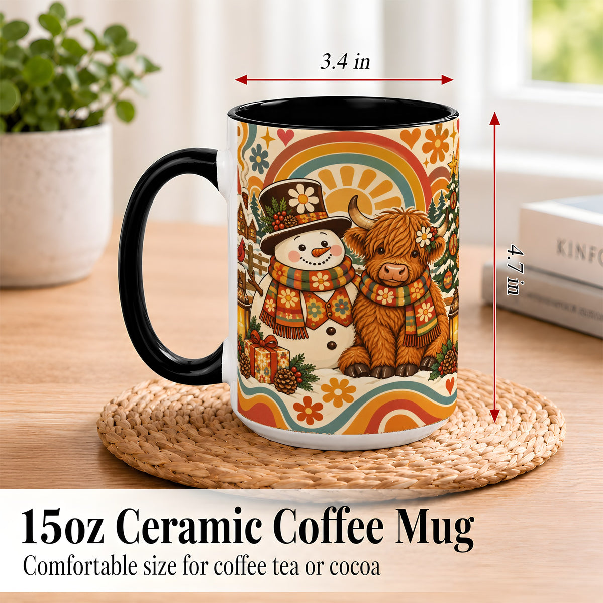 #pl[15oz|Black] Retro Cow Snowman Coffee Mug, Boho Winter Mug, Ceramic Cup