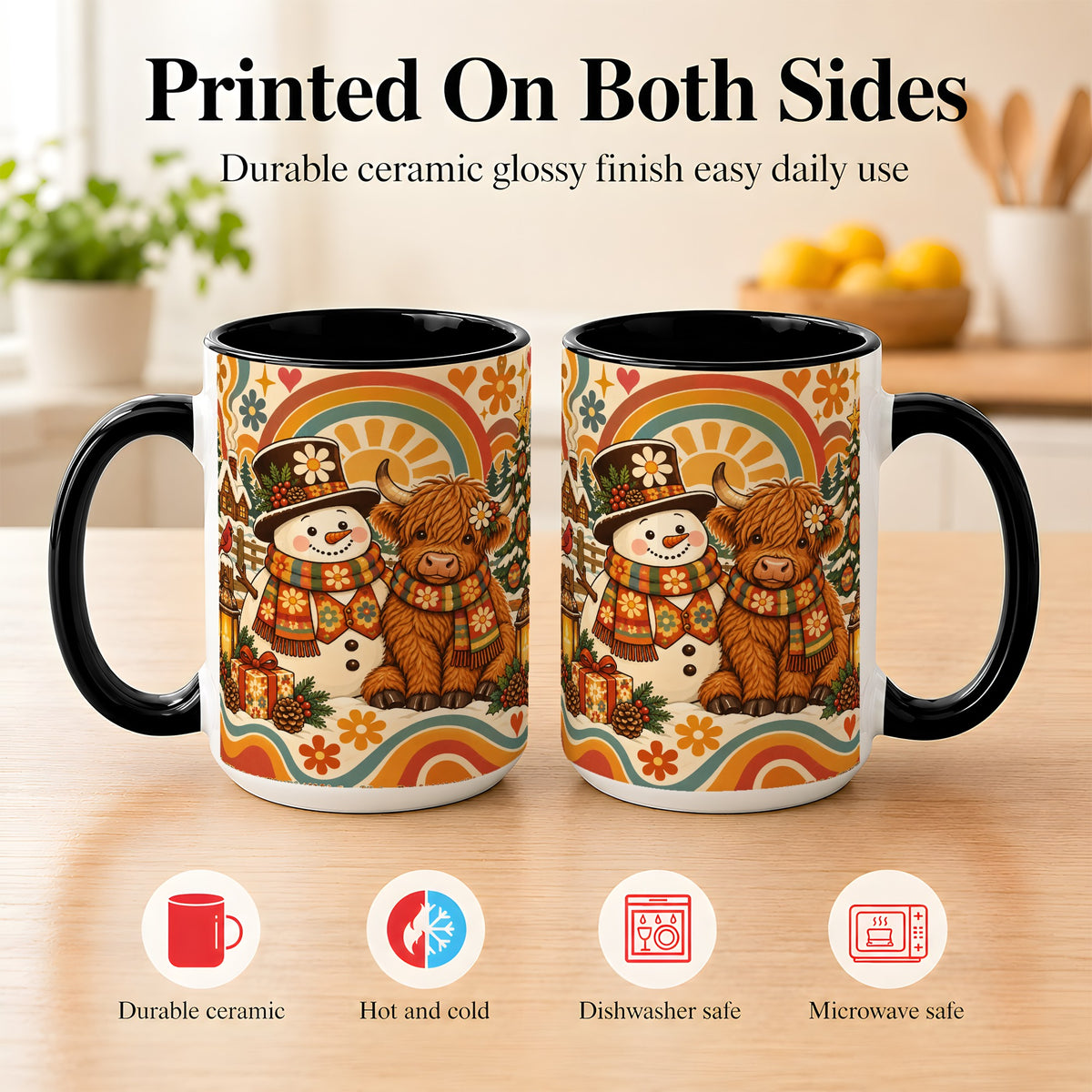 #pl[15oz|Black] Retro Cow Snowman Coffee Mug, Boho Winter Mug, Ceramic Cup