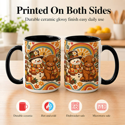 #pl[15oz|Black] Retro Cow Snowman Coffee Mug, Boho Winter Mug, Ceramic Cup