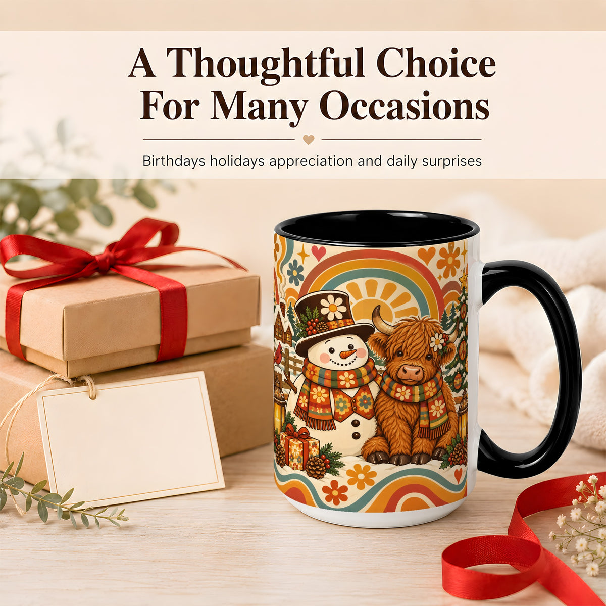 #pl[15oz|Black] Retro Cow Snowman Coffee Mug, Boho Winter Mug, Ceramic Cup