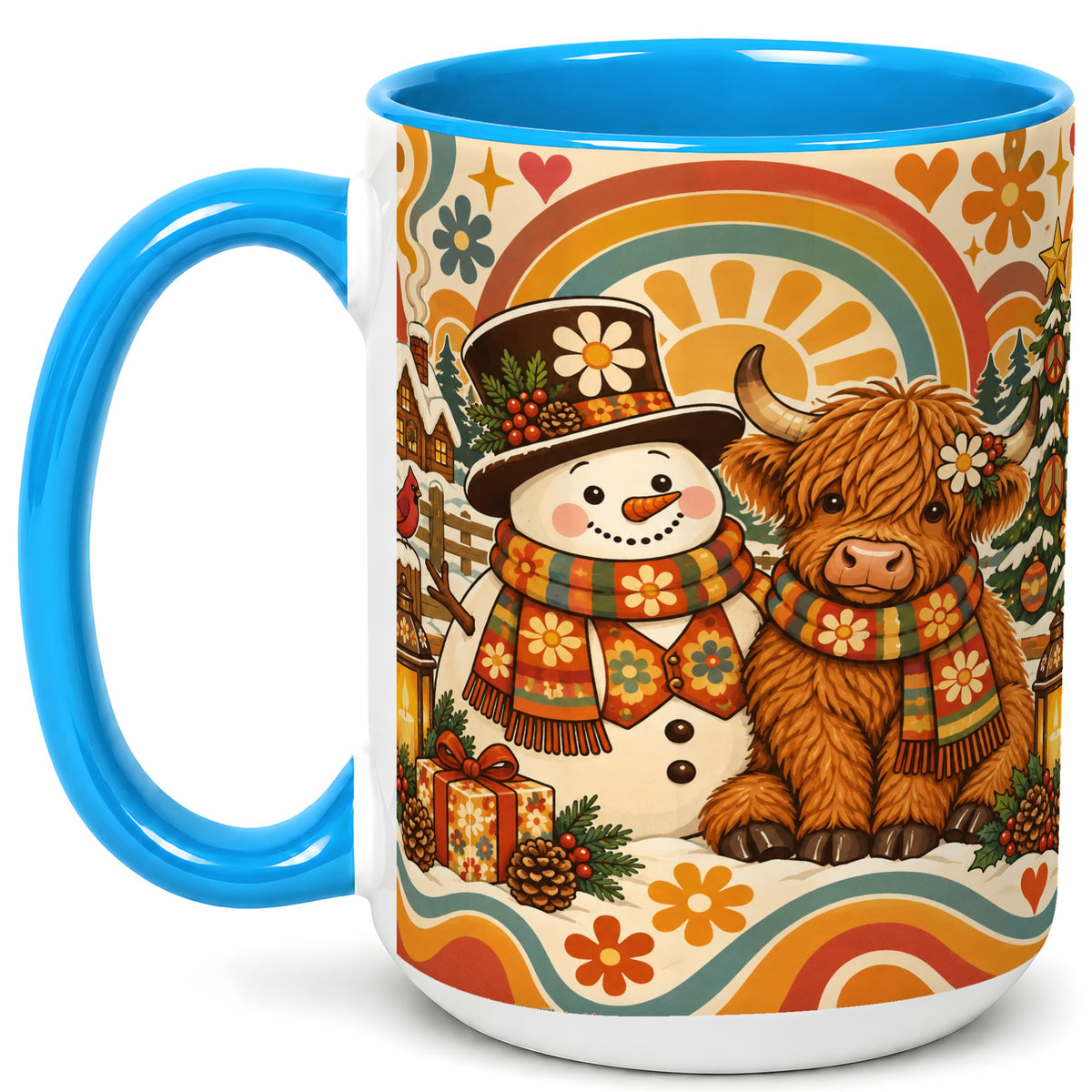#pl[15oz|Blue] Retro Cow Snowman Coffee Mug, Boho Winter Mug, Ceramic Cup