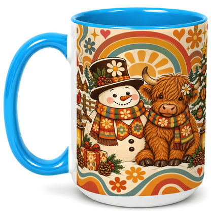 #pl[15oz|Blue] Retro Cow Snowman Coffee Mug, Boho Winter Mug, Ceramic Cup