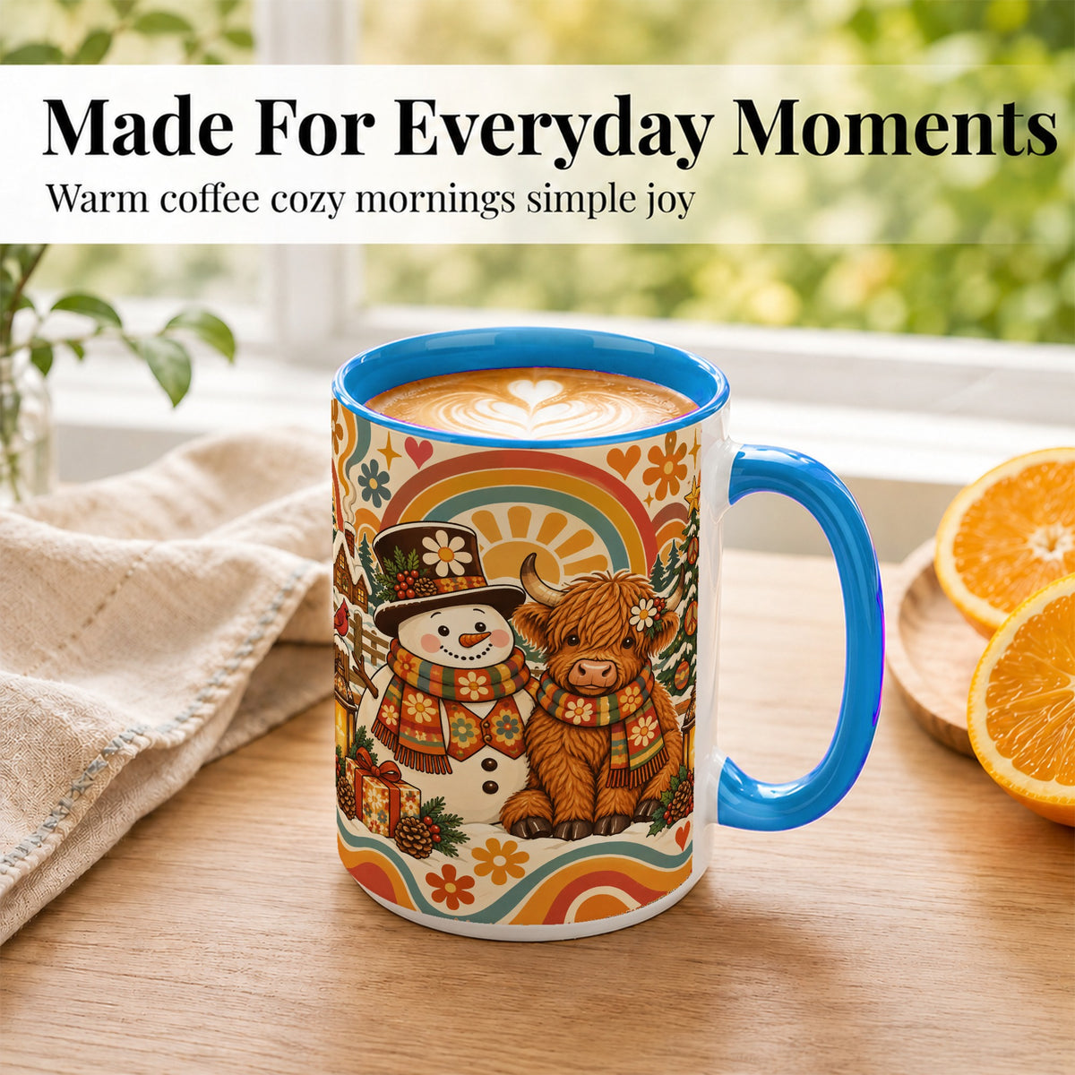 #pl[15oz|Blue] Retro Cow Snowman Coffee Mug, Boho Winter Mug, Ceramic Cup