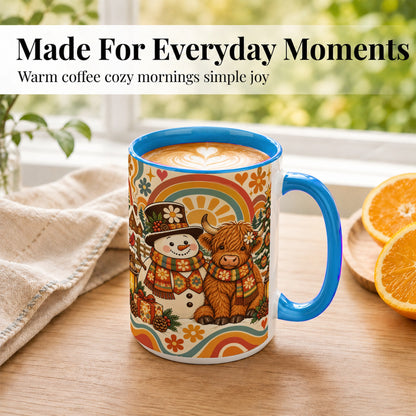 #pl[15oz|Blue] Retro Cow Snowman Coffee Mug, Boho Winter Mug, Ceramic Cup
