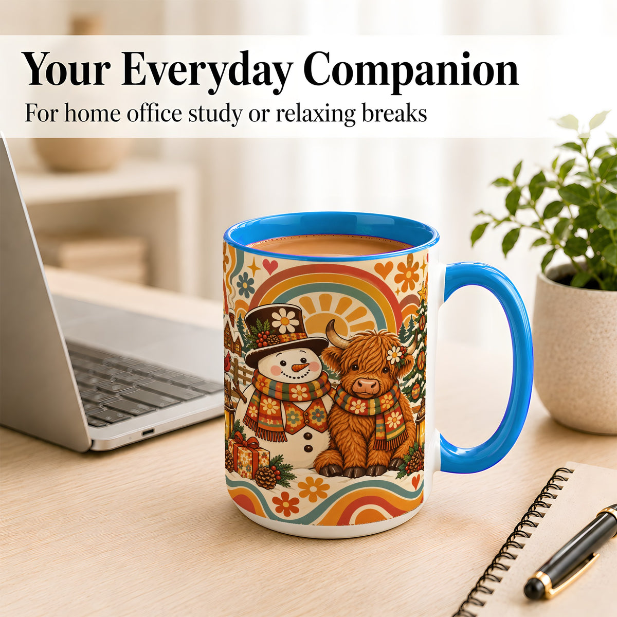#pl[15oz|Blue] Retro Cow Snowman Coffee Mug, Boho Winter Mug, Ceramic Cup