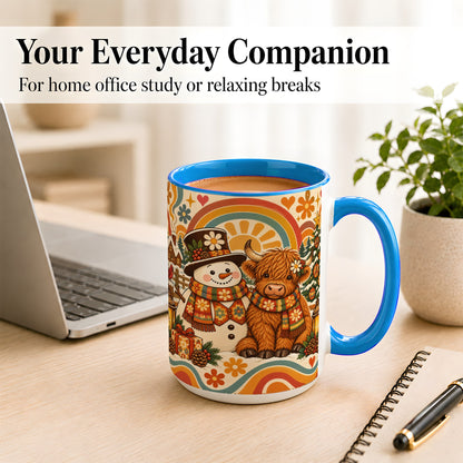 #pl[15oz|Blue] Retro Cow Snowman Coffee Mug, Boho Winter Mug, Ceramic Cup