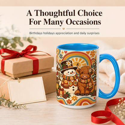 #pl[15oz|Blue] Retro Cow Snowman Coffee Mug, Boho Winter Mug, Ceramic Cup