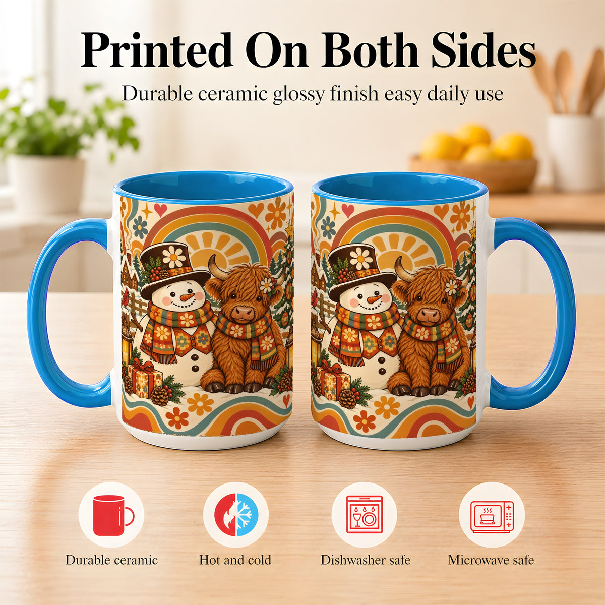 #pl[15oz|Blue] Retro Cow Snowman Coffee Mug, Boho Winter Mug, Ceramic Cup