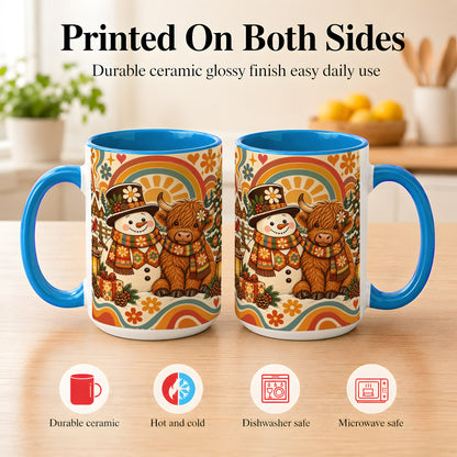 #pl[15oz|Blue] Retro Cow Snowman Coffee Mug, Boho Winter Mug, Ceramic Cup