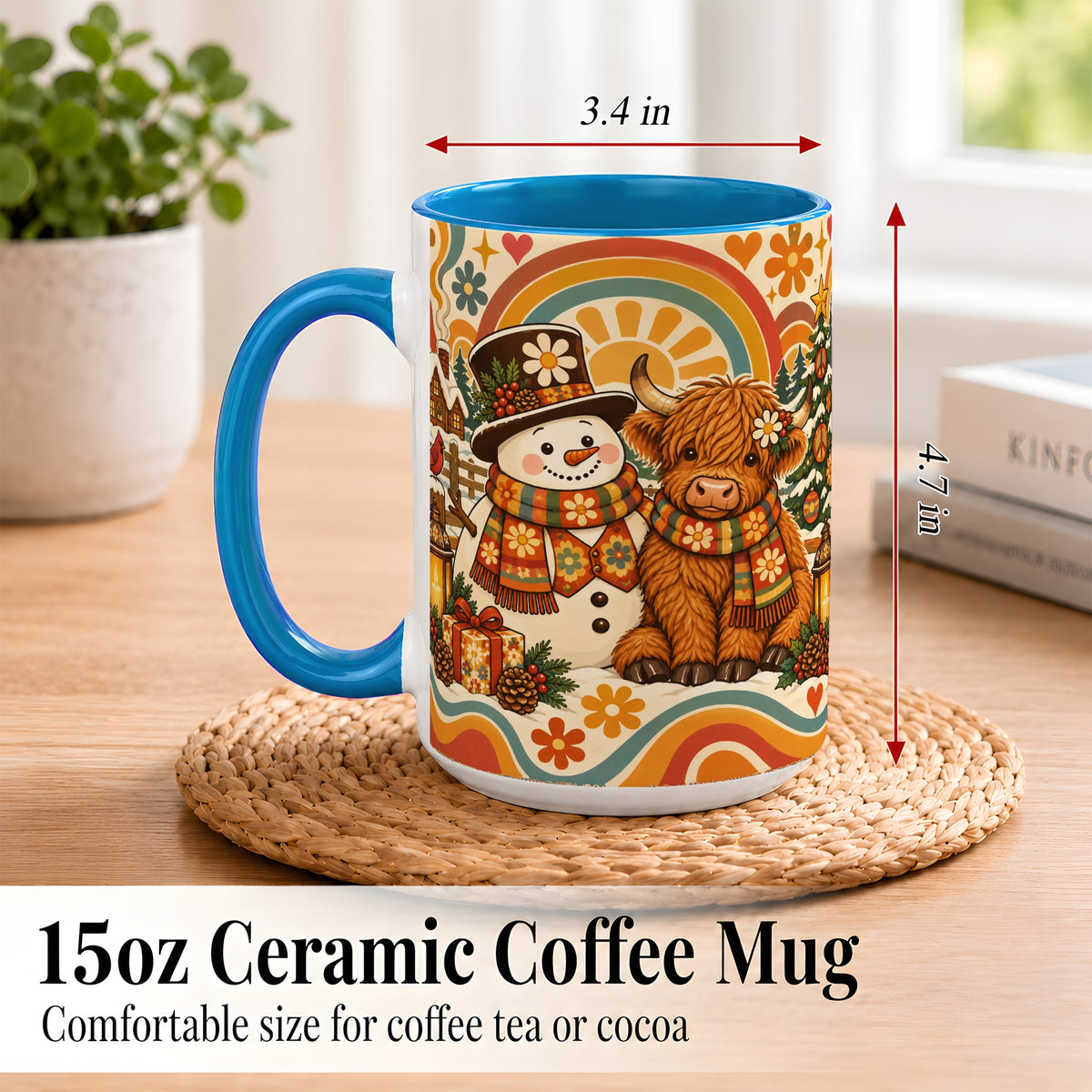 #pl[15oz|Blue] Retro Cow Snowman Coffee Mug, Boho Winter Mug, Ceramic Cup