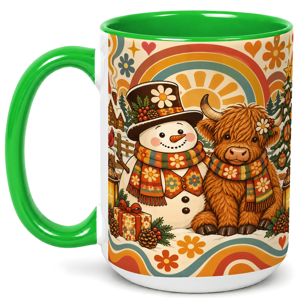 #pl[15oz|Green] Retro Cow Snowman Coffee Mug, Boho Winter Mug, Ceramic Cup