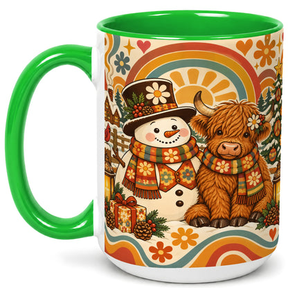 #pl[15oz|Green] Retro Cow Snowman Coffee Mug, Boho Winter Mug, Ceramic Cup