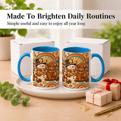 #pl[15oz|Blue] Retro Cow Snowman Coffee Mug, Boho Winter Mug, Ceramic Cup