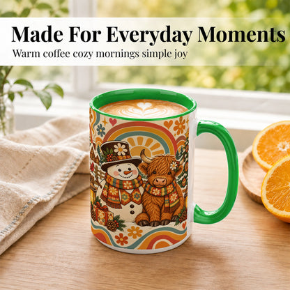 #pl[15oz|Green] Retro Cow Snowman Coffee Mug, Boho Winter Mug, Ceramic Cup