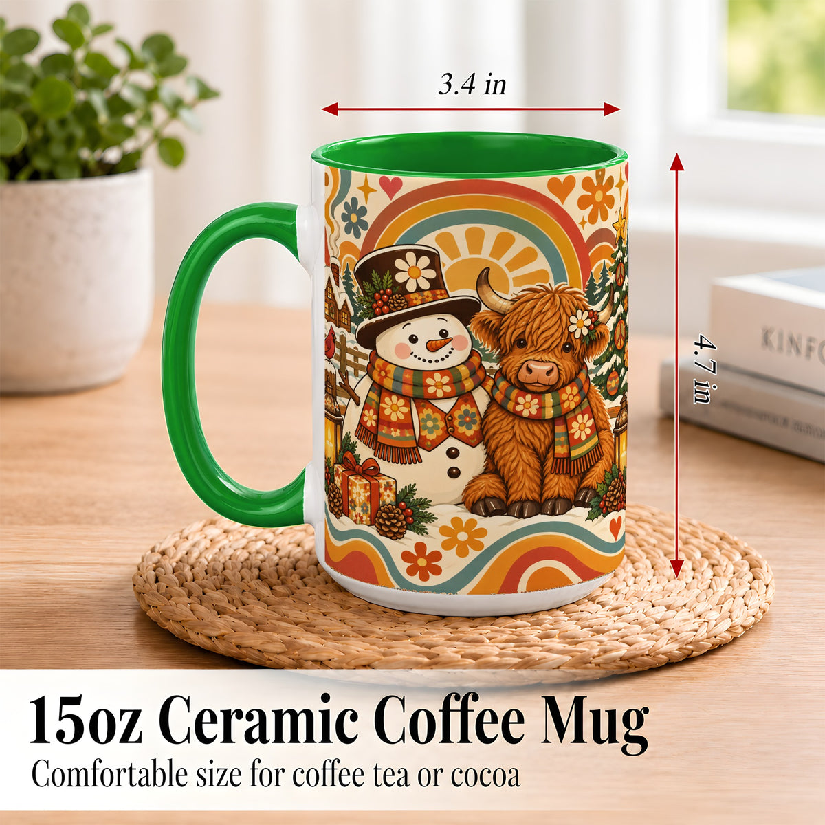 #pl[15oz|Green] Retro Cow Snowman Coffee Mug, Boho Winter Mug, Ceramic Cup