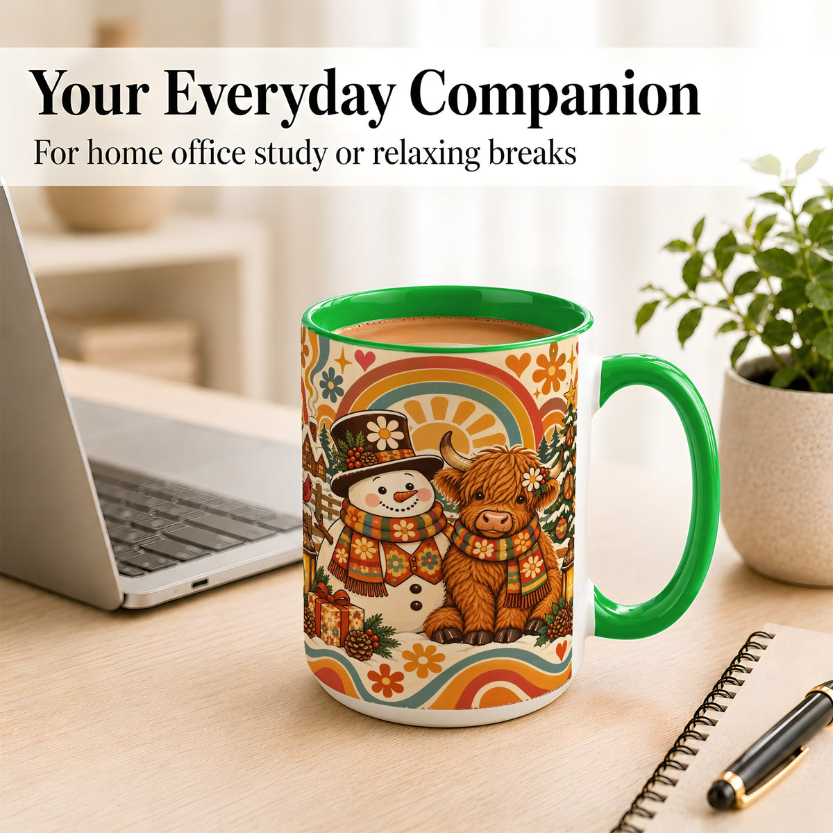 #pl[15oz|Green] Retro Cow Snowman Coffee Mug, Boho Winter Mug, Ceramic Cup