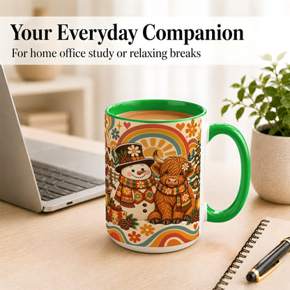 #pl[15oz|Green] Retro Cow Snowman Coffee Mug, Boho Winter Mug, Ceramic Cup