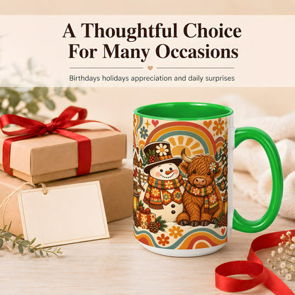 #pl[15oz|Green] Retro Cow Snowman Coffee Mug, Boho Winter Mug, Ceramic Cup