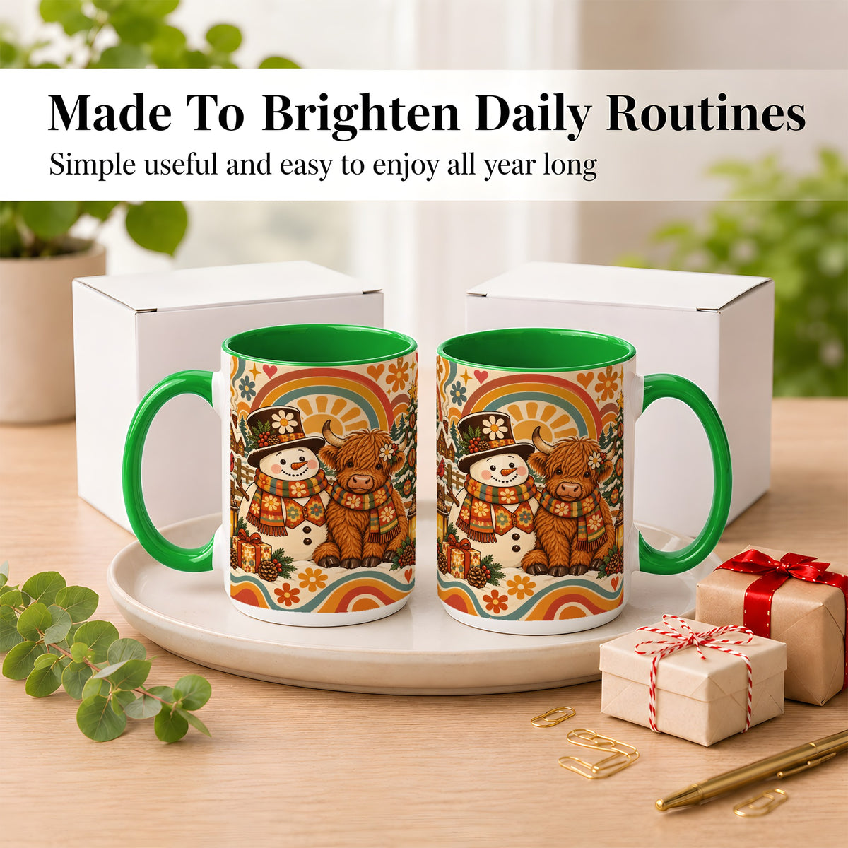 #pl[15oz|Green] Retro Cow Snowman Coffee Mug, Boho Winter Mug, Ceramic Cup