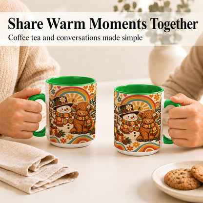 #pl[15oz|Green] Retro Cow Snowman Coffee Mug, Boho Winter Mug, Ceramic Cup