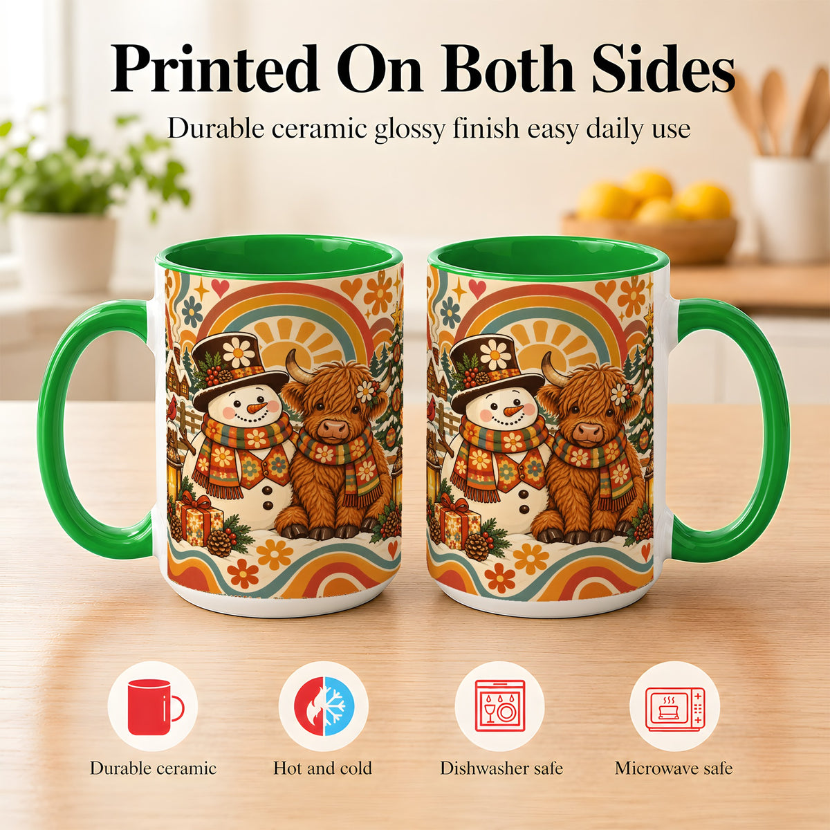 #pl[15oz|Green] Retro Cow Snowman Coffee Mug, Boho Winter Mug, Ceramic Cup
