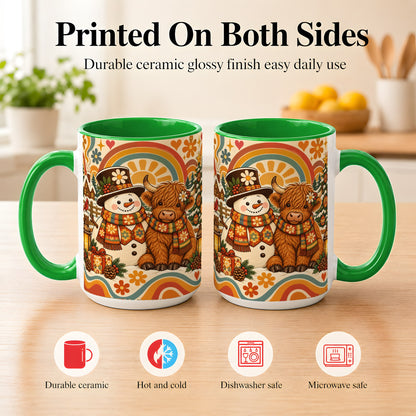 #pl[15oz|Green] Retro Cow Snowman Coffee Mug, Boho Winter Mug, Ceramic Cup