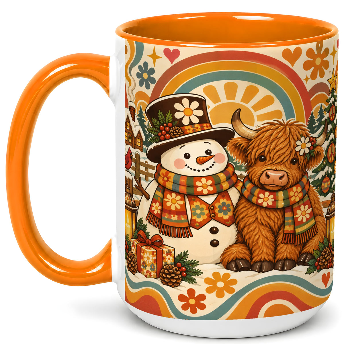 #pl[15oz|Orange] Retro Cow Snowman Coffee Mug, Boho Winter Mug, Ceramic Cup