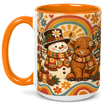#pl[15oz|Orange] Retro Cow Snowman Coffee Mug, Boho Winter Mug, Ceramic Cup