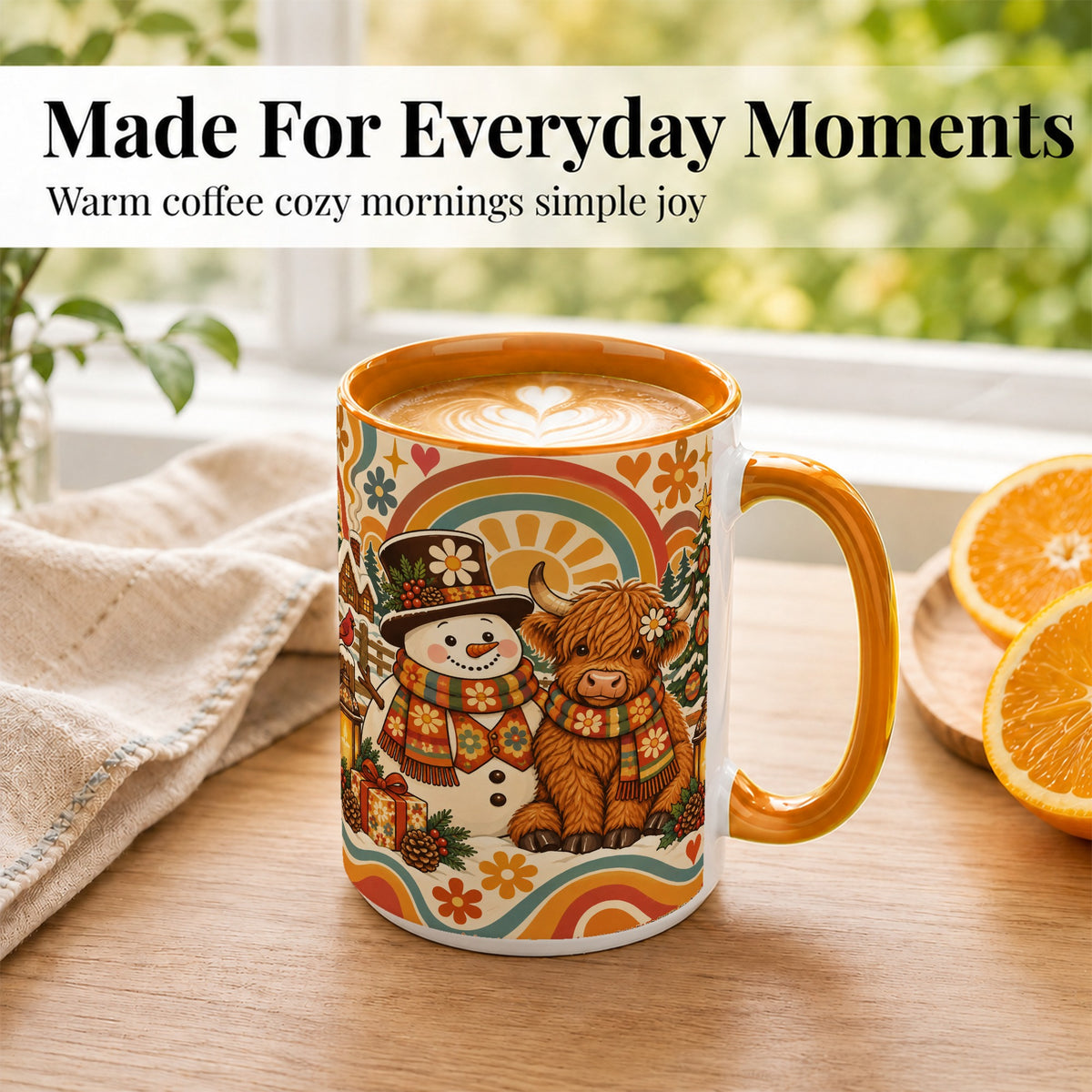 #pl[15oz|Orange] Retro Cow Snowman Coffee Mug, Boho Winter Mug, Ceramic Cup