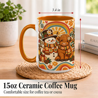 #pl[15oz|Orange] Retro Cow Snowman Coffee Mug, Boho Winter Mug, Ceramic Cup