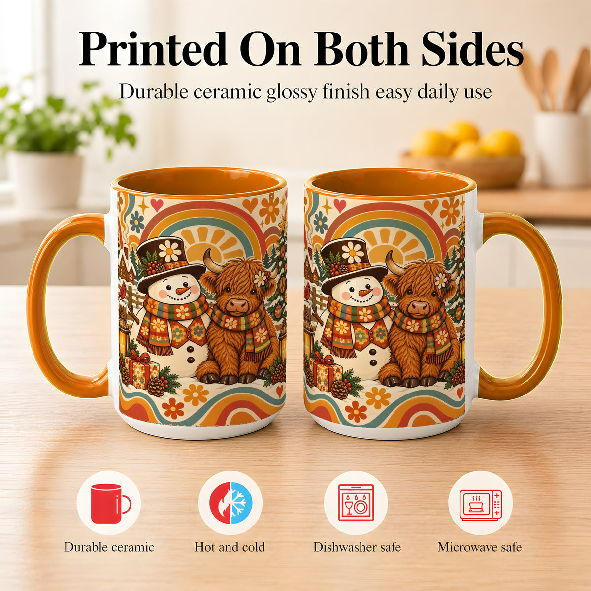 #pl[15oz|Orange] Retro Cow Snowman Coffee Mug, Boho Winter Mug, Ceramic Cup