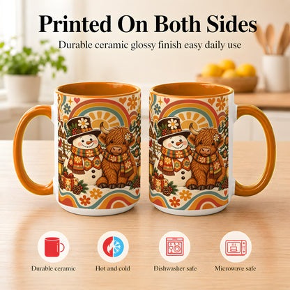 #pl[15oz|Orange] Retro Cow Snowman Coffee Mug, Boho Winter Mug, Ceramic Cup