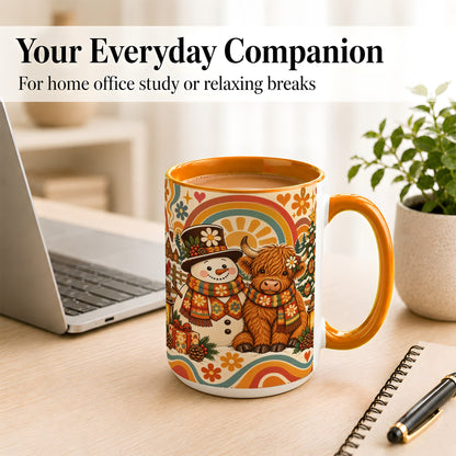 #pl[15oz|Orange] Retro Cow Snowman Coffee Mug, Boho Winter Mug, Ceramic Cup