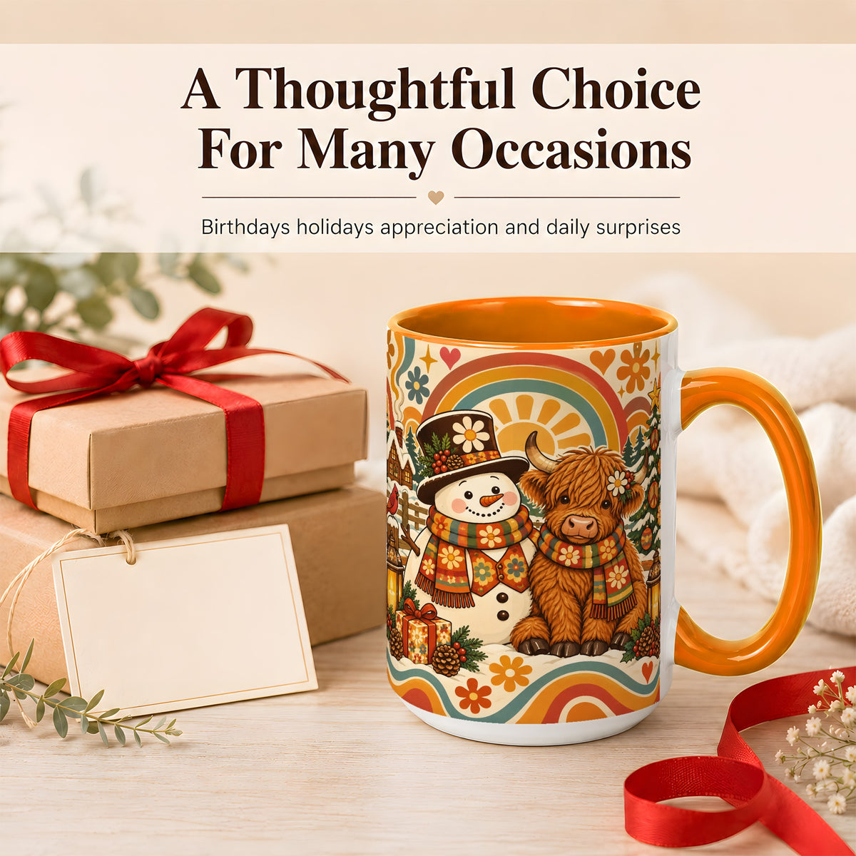 #pl[15oz|Orange] Retro Cow Snowman Coffee Mug, Boho Winter Mug, Ceramic Cup