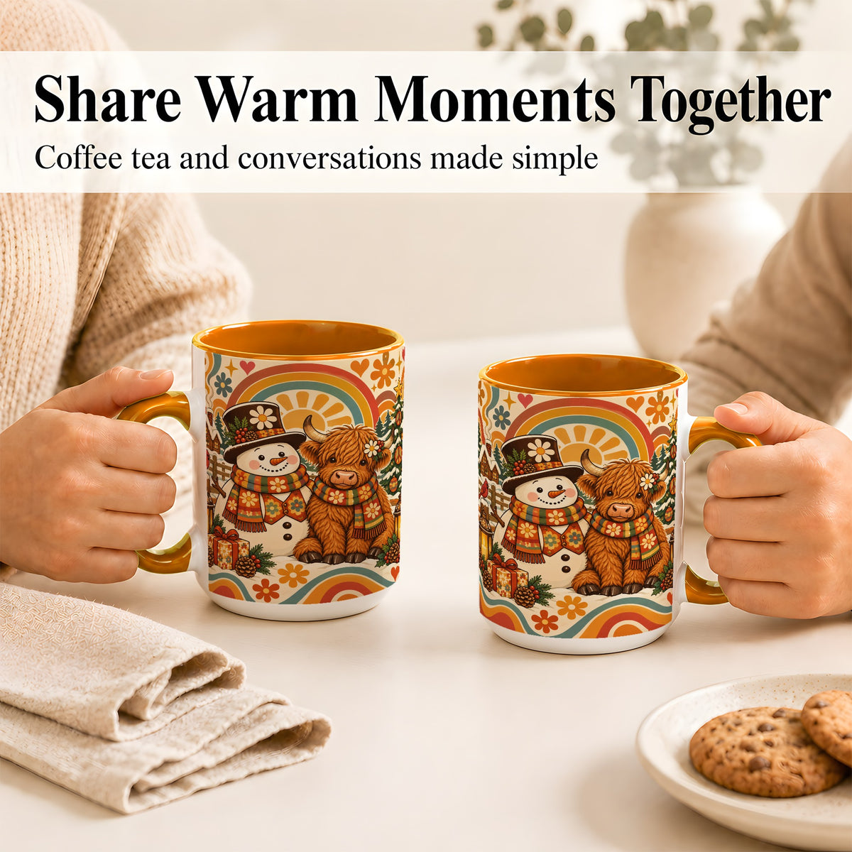 #pl[15oz|Orange] Retro Cow Snowman Coffee Mug, Boho Winter Mug, Ceramic Cup