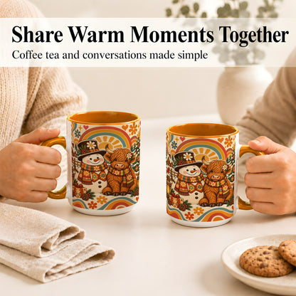 #pl[15oz|Orange] Retro Cow Snowman Coffee Mug, Boho Winter Mug, Ceramic Cup