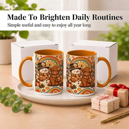 #pl[15oz|Orange] Retro Cow Snowman Coffee Mug, Boho Winter Mug, Ceramic Cup