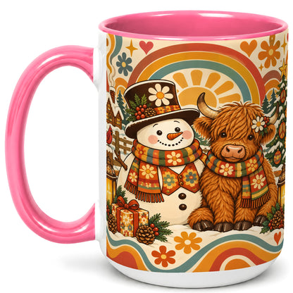 #pl[15oz|Pink] Retro Cow Snowman Coffee Mug, Boho Winter Mug, Ceramic Cup